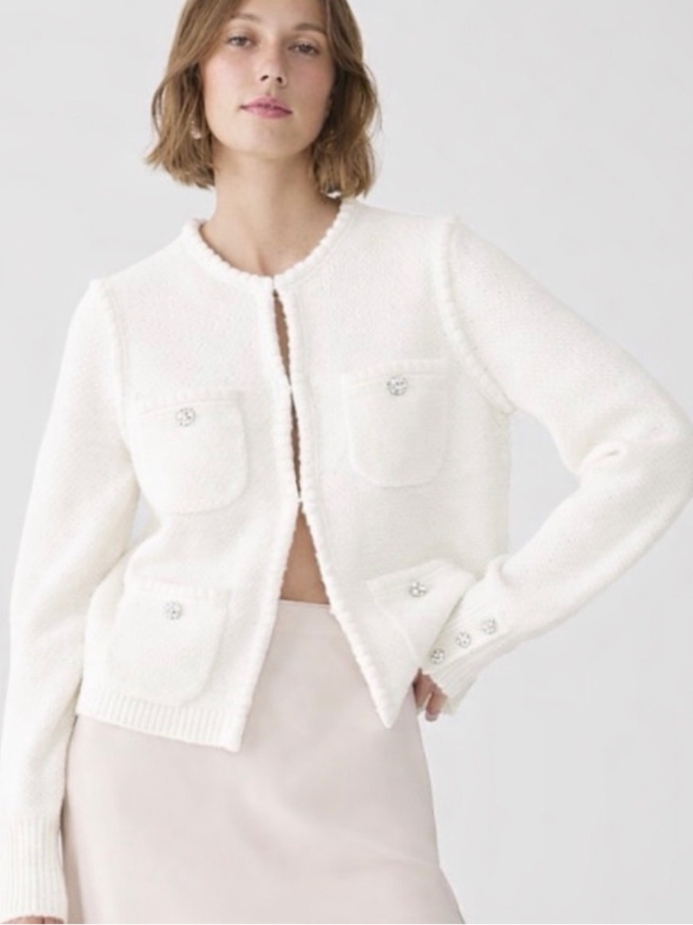 J Crew Odette sweater lady jacket in cotton-blend bouclé in white